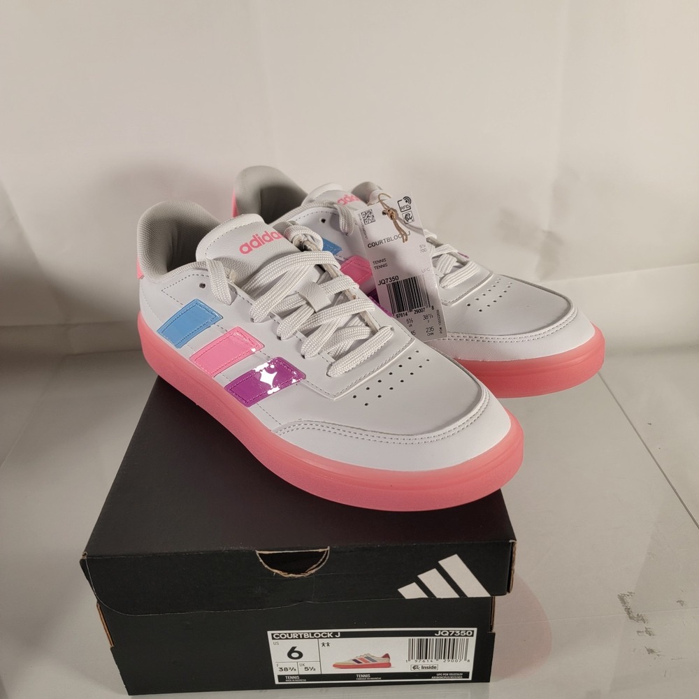 Adidas Courtblock J Sneakers Beam Pink Cloud White Girls Size 6‎ NEW Cute